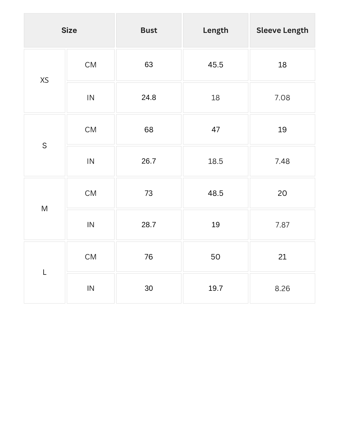 Size chart