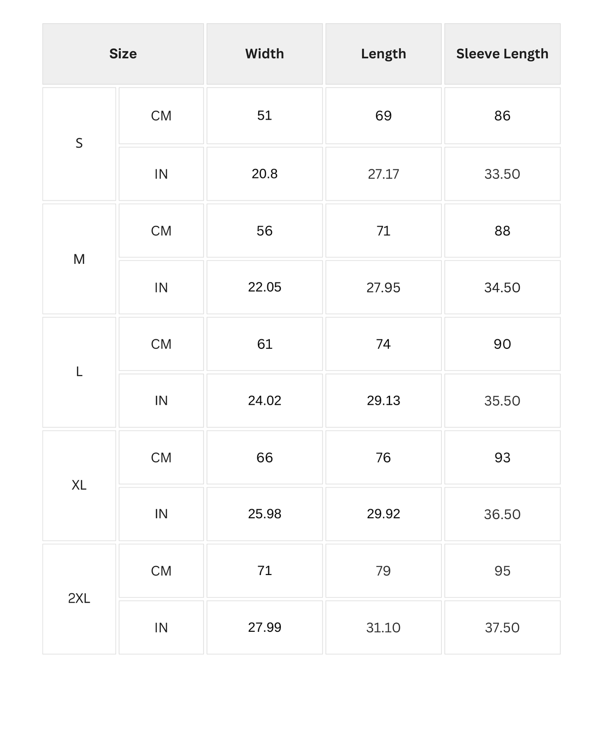 Size chart