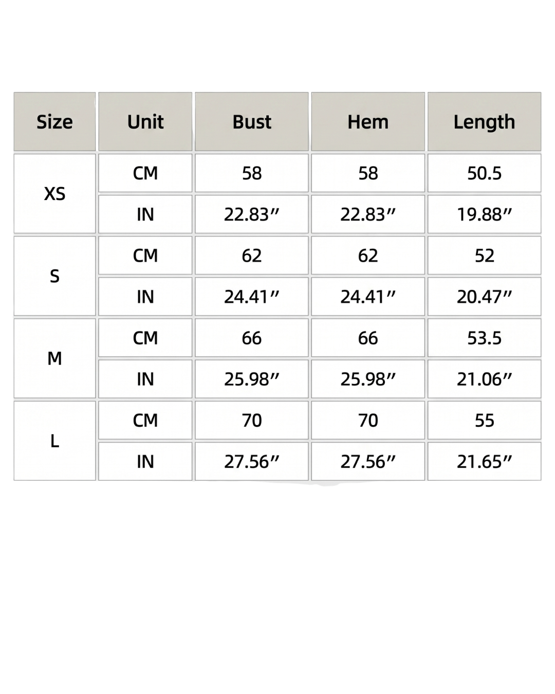 Size chart