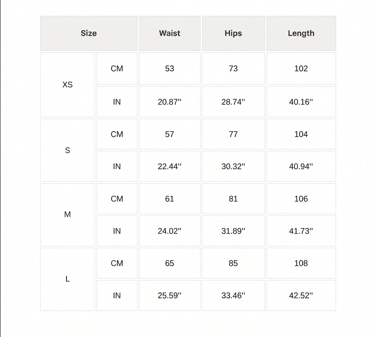 Size chart
